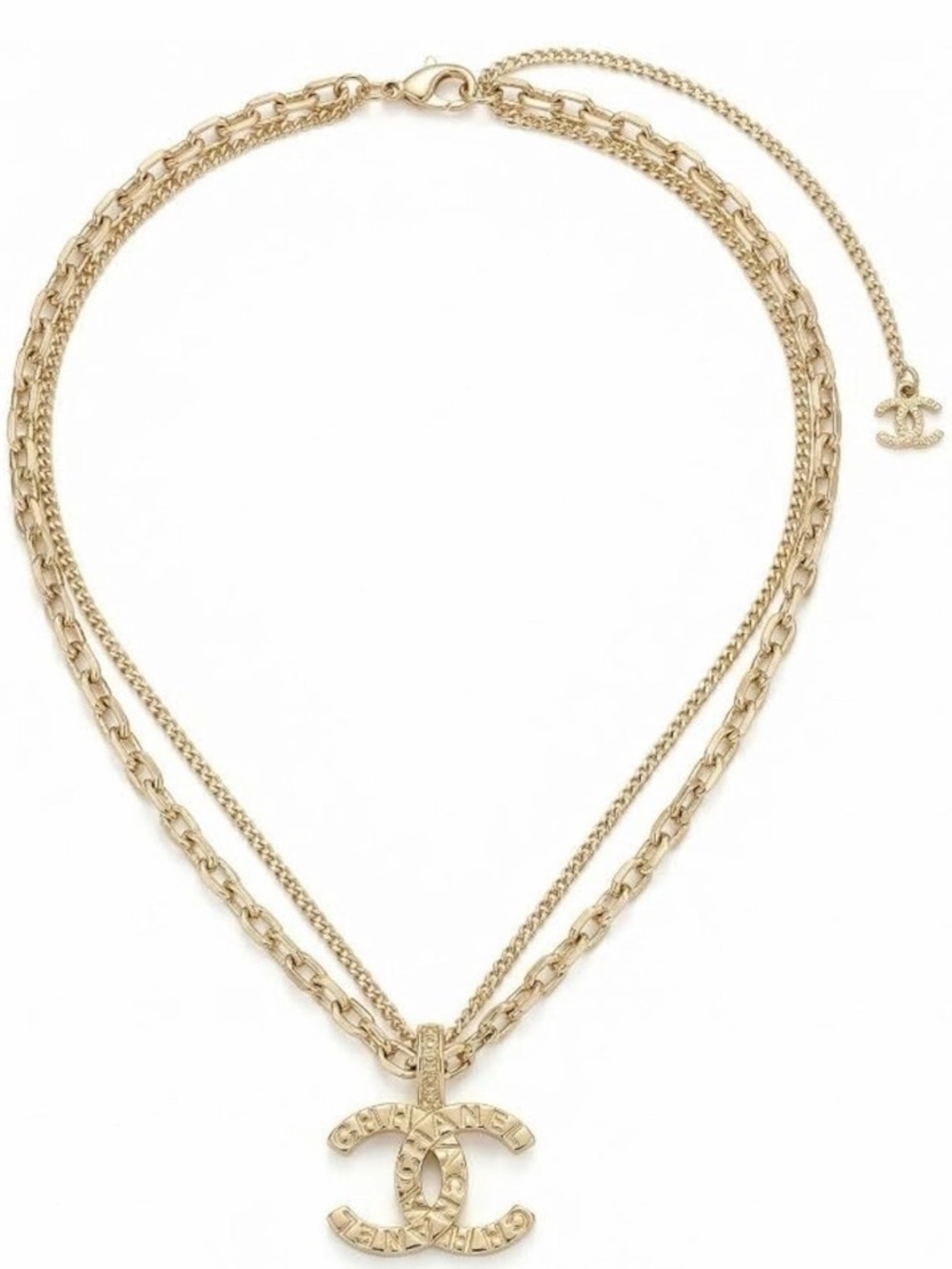 18K Gold Layered Double Chain CC Pendant Statement Necklace